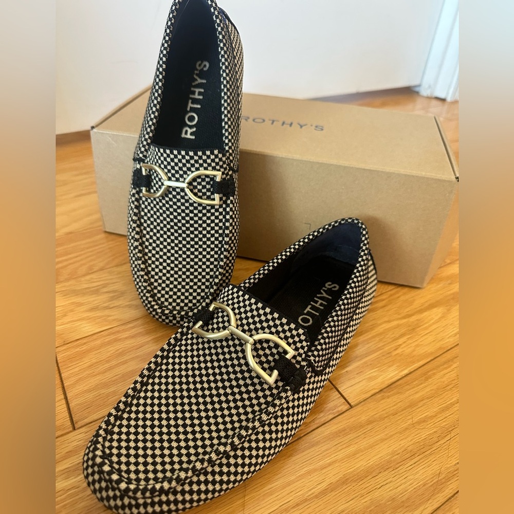 Rothy's Double Bit Driver in Micro Check Black and Cream Women’s Loafers